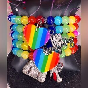 5 Stacked Rainbow Heart Charm Beaded Bracelet Stack - Multicolor